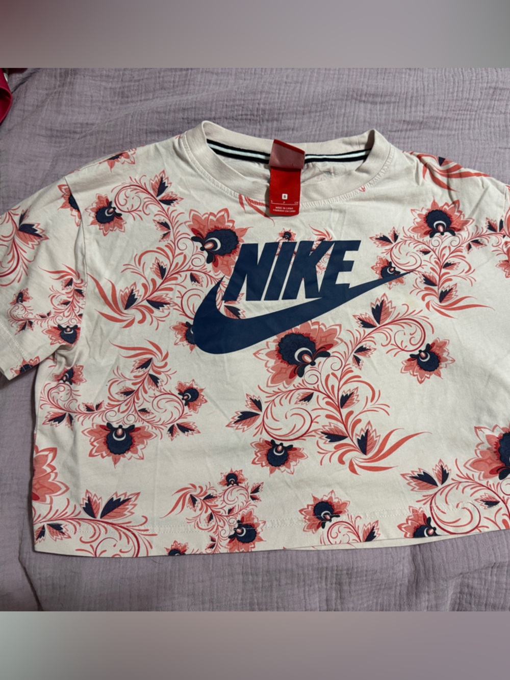 Nike Cream Tee with Navy Logo and Coral Floral Accents